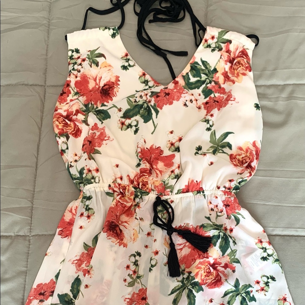 Love Tree white/pink floral romper, halter top, size S